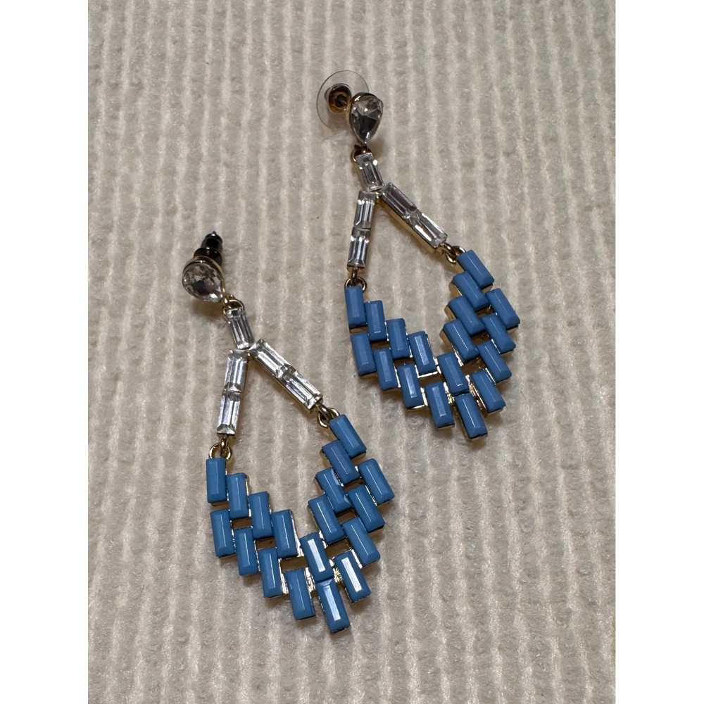 Blue Beaded Teardrop Dangle Earrings silver Tone Crystal Accents Jewelry